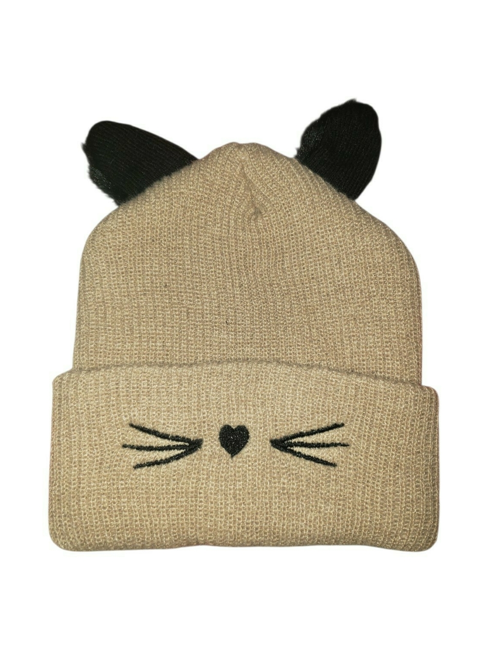 Cat ear knit beanie with a tan ribbed knit body with black contrast. New